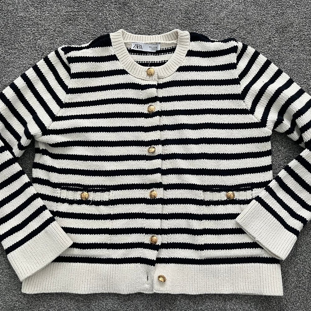 Zara Womens Navy and White Stripe Cardigan